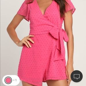 Lulus Love for Always Pink Swiss Dot Flutter Sleeve Side-Tie Romper